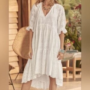 SUNDANCE Size PM Ivory Jasmine Floral Eyelet Tiered Lined Hi-Lo Dress